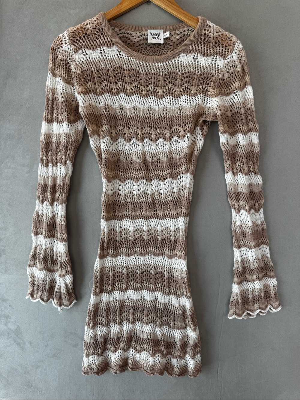 Princess Polly M/L Crochet Knit Mini Dress Brown Cream Striped Boho Y2K
